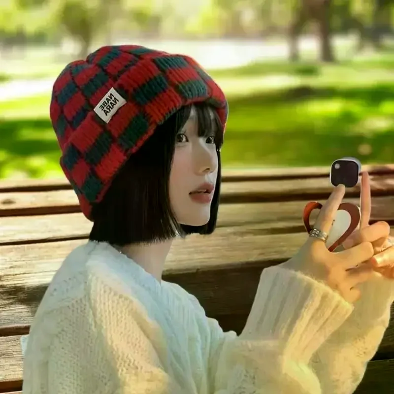 رقعة الشطرنج منقوشة متماسكة بيني للنساء الشتاء الكورية محيط الرأس الكبير البلوز قبعة قبعات الرجال اليابانية الرجعية #2