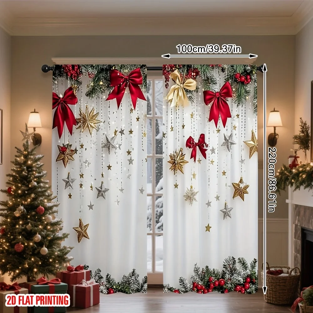 Christmas Pine Branch Curtains 2pcs, 2D Print Polyester for Indoor Garden Events No Electricity Needed, Festive Home Decor