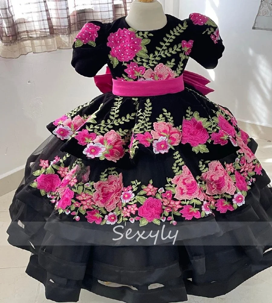 

Escaramuza Mexican Flower Girls Dress 2025 Charro Mariachi Toddler Kids Pageant Dress Lace Birthday Princess Gown Customized