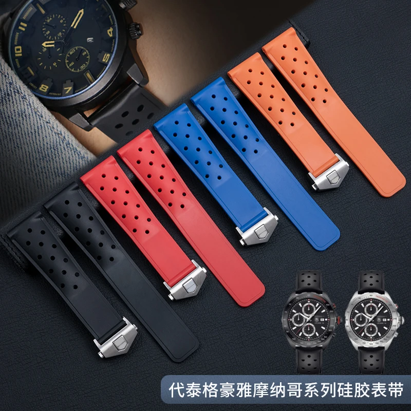 For TAG Heuer 22mm Rubber Watchband CARRERA AQUARACER Monaco F1 Men Silicone Strap Sports Waterproof Bracelet Black Blue Orange