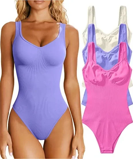 Shapewear sem costura para mulheres, pescoço quadrado, controle de barriga, tanga shaper do corpo, tops sexy com nervuras, macacão emagrecedor, 2023