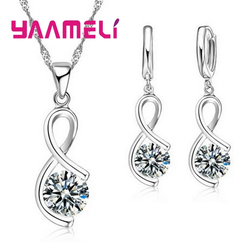 

925 Sterling Silver Jewelry Cubic Zircon Number "8" Shape Pendant Necklaces Woman Wedding Drop Earring Set Top Selling