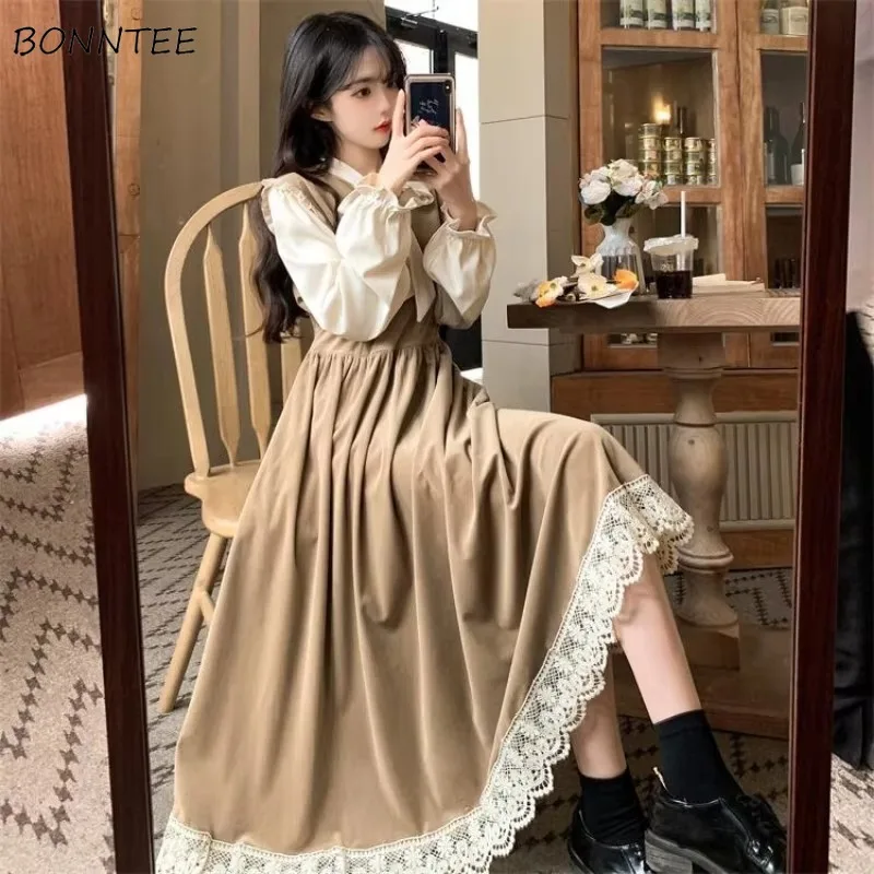 Dresses Women Lace Elegant Bow Sweet Girls Spring Autumn Lace-up Korean Style Patchwork Streetwear Shopping Princess New Trendy