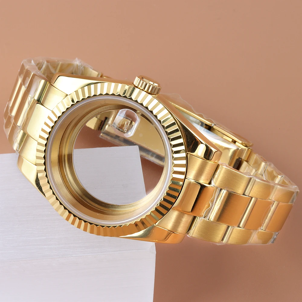 Gold NH35 36mm 39mm Case Polish Oyster Bracelet Strap Solid Stainless Steel 10ATM Waterproof Watch Case Fit NH35 NH36 Movement