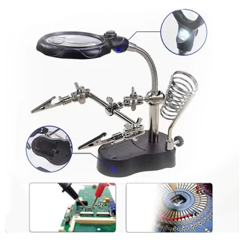 זכוכית מגדילה להלחמה עם קליפס עזר ואור LED 3.5X-12X עדשת מגדיל שולחן עבודה כלי תיקונים להידוק