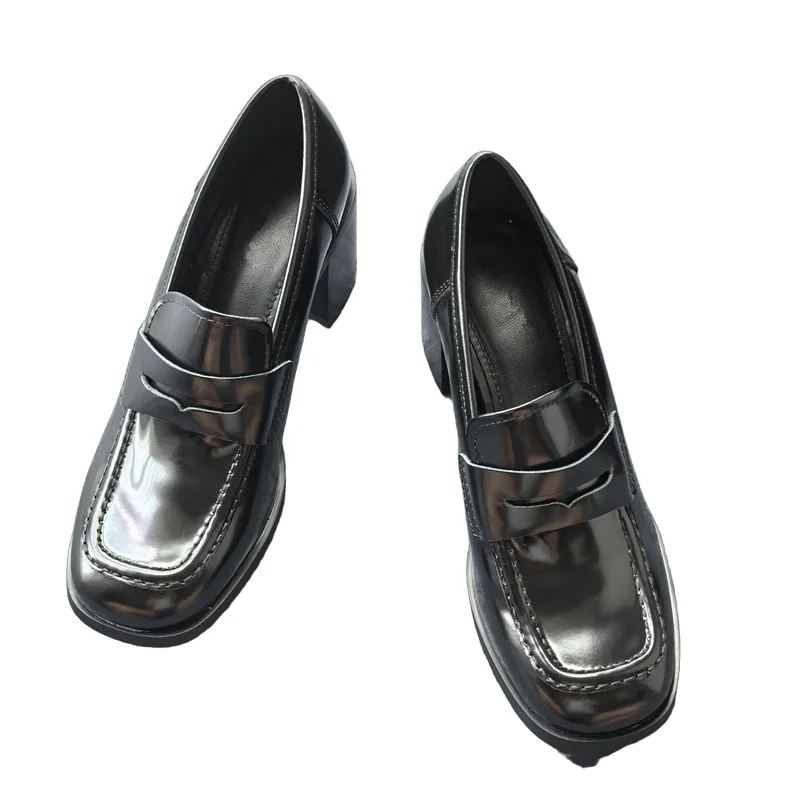 

Withered French Fashion Office Ladies Genuine Leather 7cm High Heels Shoes Slip-on Commuting Casual Loafers Shoes For Women