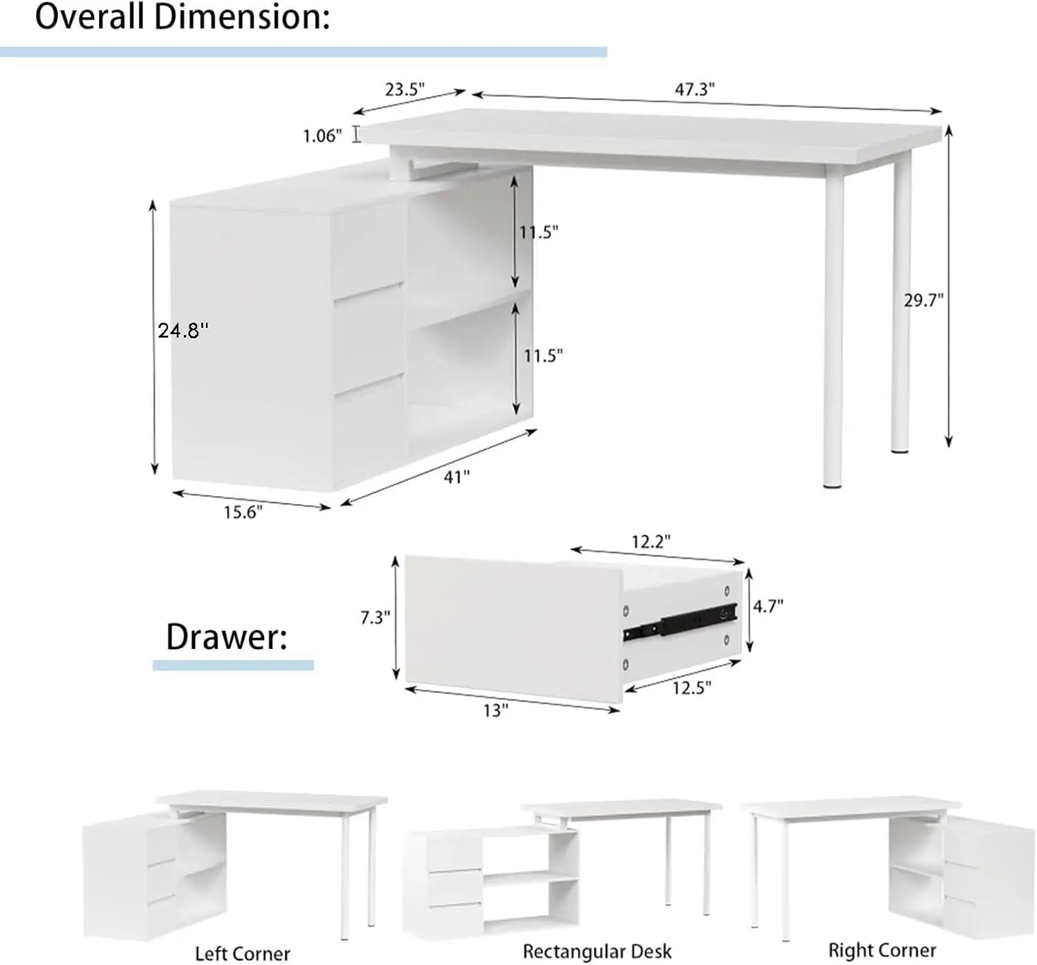 L Shaped Computer Desk, 47 Inch Home Office Desk with File Drawers & Storage Shelves, Small Corner Computer Desk for Small Space