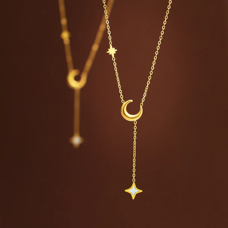 Cciris Moon Star Fringe Necklace Octagram Pendant Stainless Steel 18K Gold Plated Celestial Layering Jewelry for Women