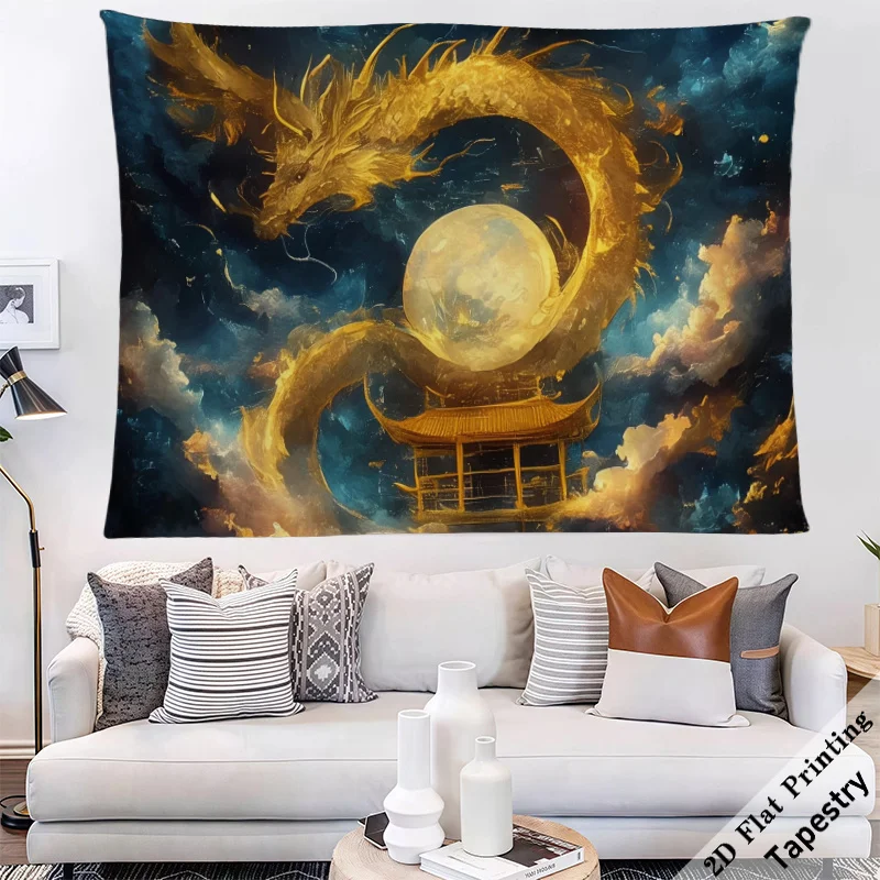 Majestic Dragon Celestial Tapestry Wall Hanging Luxury Gold Asian Art Decor Mythic Landscape Print XL Size