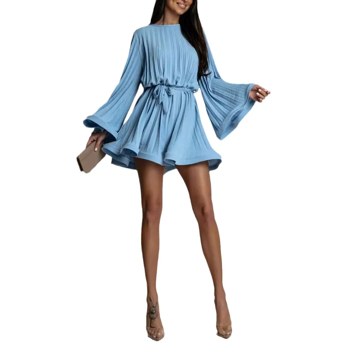 Africa Pleated Dress for Women Sexy African Party Long Dresses Bell Sleeve Slim Fit Tight Waist Lace Up Elegant Ruffles Vestidos