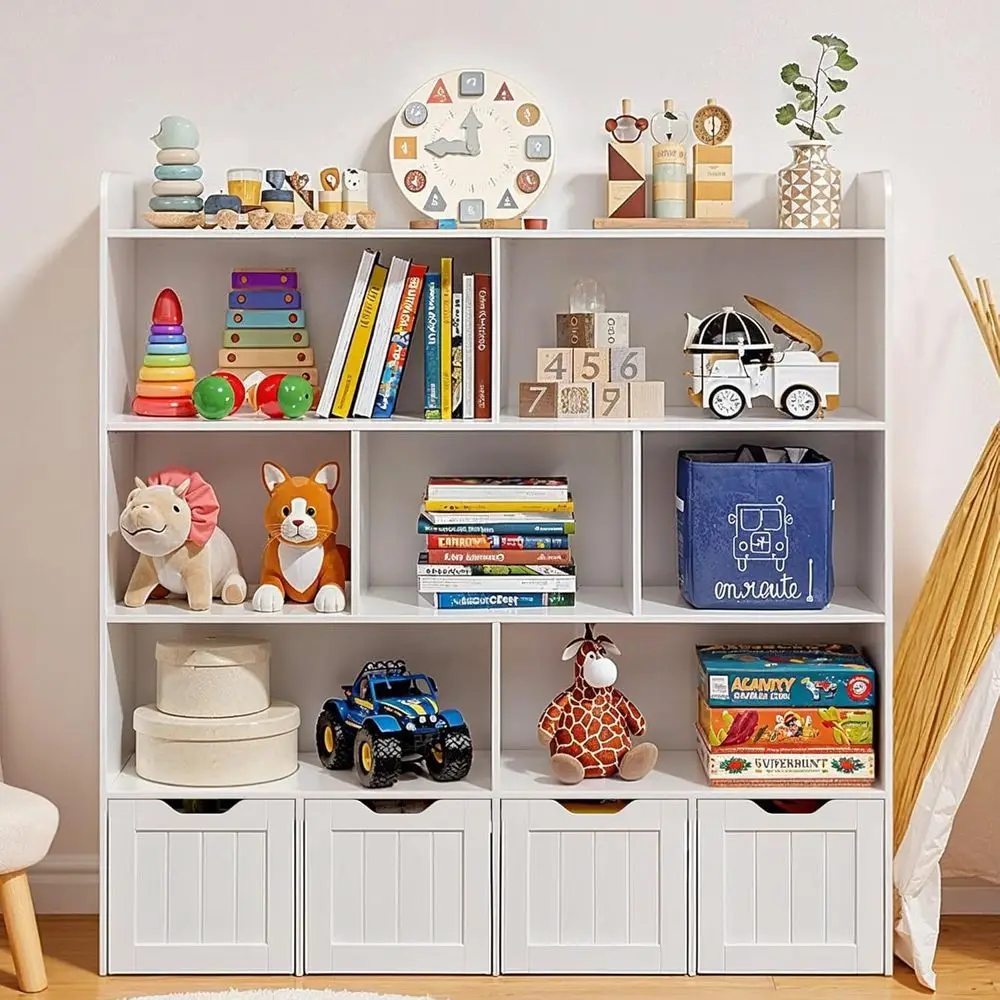 

Children's Toy Storage Cabinet and Bookcase with 4 Wheels and 8 Shelves, White, Painted