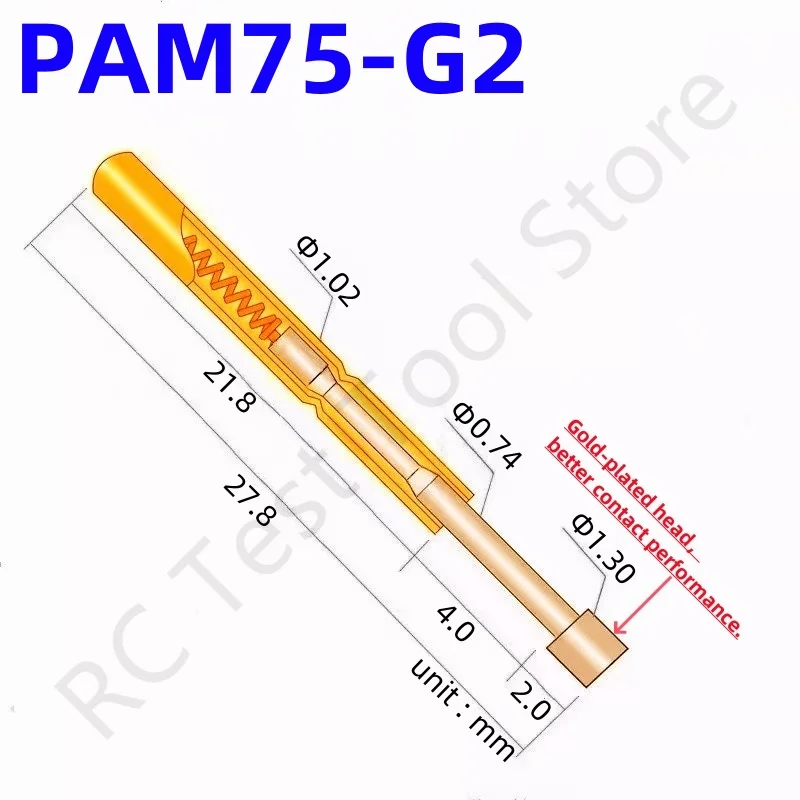 

100PCS PAM75-G2 Spring Test Probe PAM75-G Test Pin Test Tool 27.8mm Dia 1.02mm Gold Needle Tip 1.30mm Pogo Pin PM75-G PM75-G2