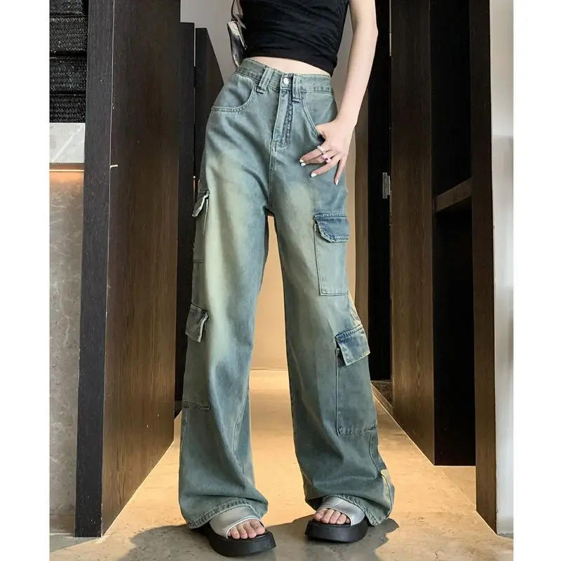 American Style Vintage Workwear Jeans Women Summer Sweet Cool Loose High Waist Slimming Wide Leg Pants Floor-Length Trousers
