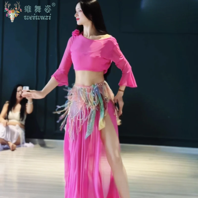 

Комплект костюмов для танца живота, удобный топ с длинными рукавами по индивидуальному заказу + сексуальная юбка с разрезом и бахромой, 2 предмета, костюмы для восточных танцев