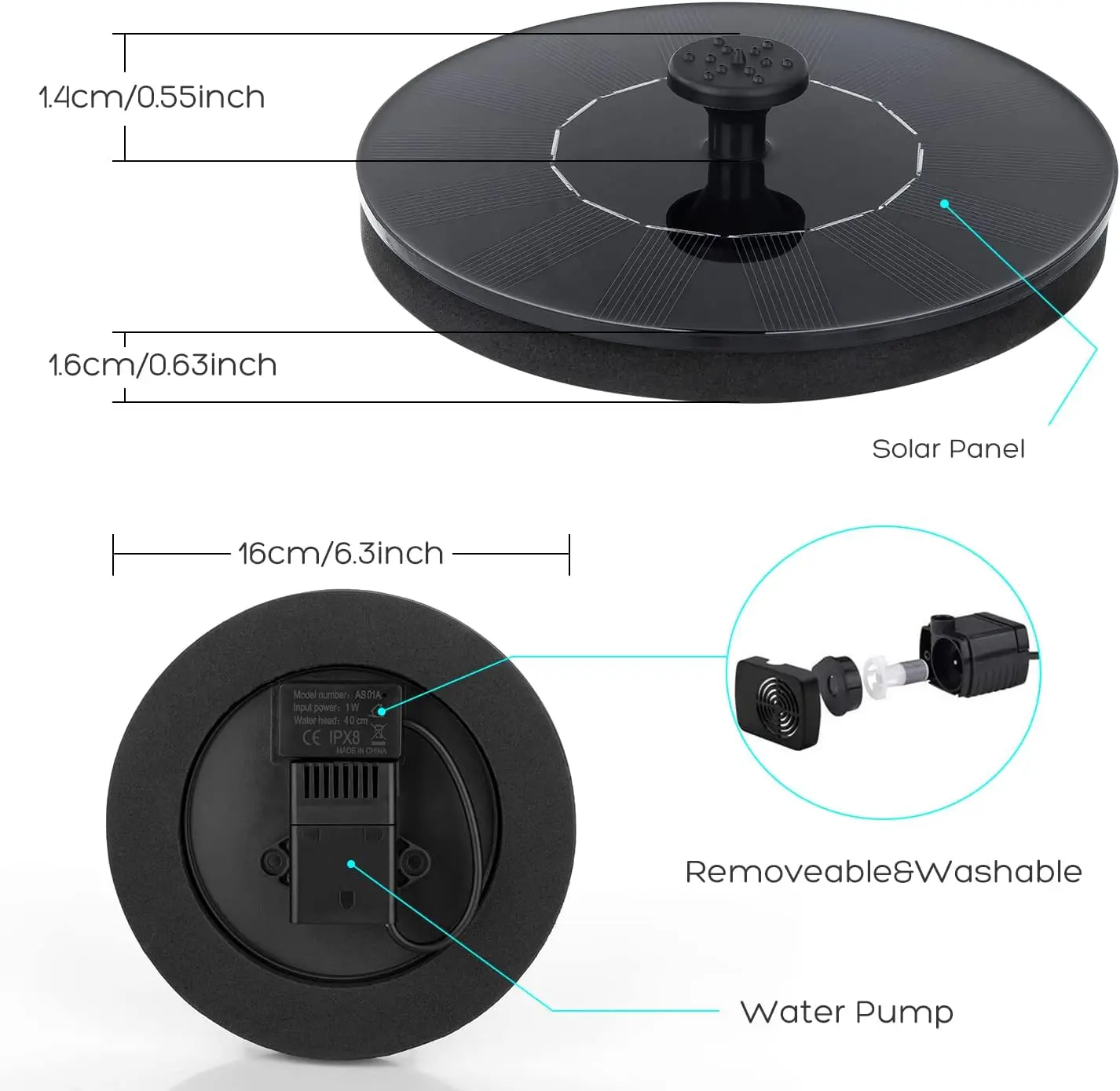 1W 6 Nozzle Solar Bird Bath Fountain Pump Free Standing Solar Powered Water Fountain Pump for Bird Bath Garden Pond Pool Outdoor view 4