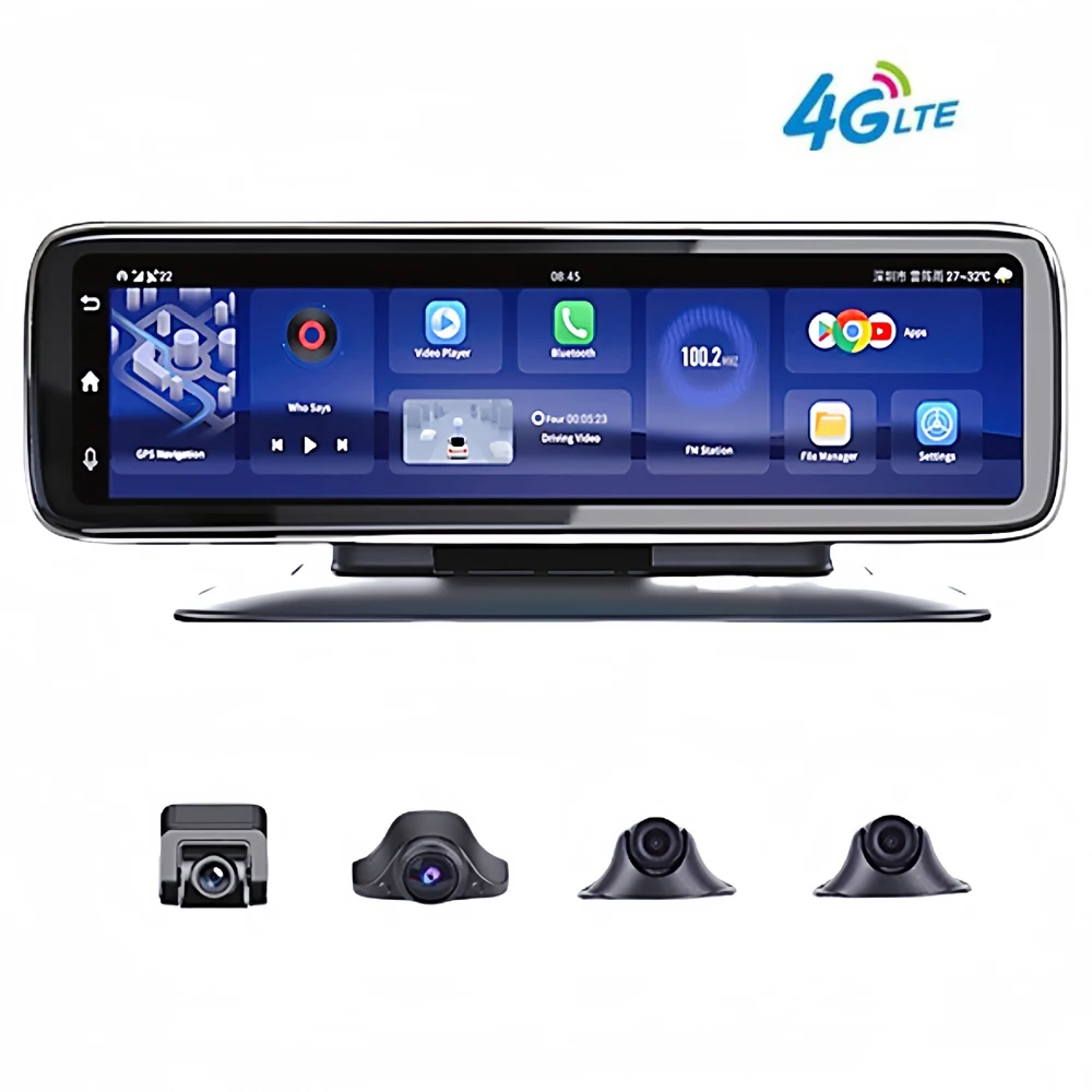 Rétroviseur de voiture tactile 12 pouces avec 4 caméras, enregistreur vidéo, navigation GPS Android 8.1, enregistreur vidéo 4K FHD 1080P