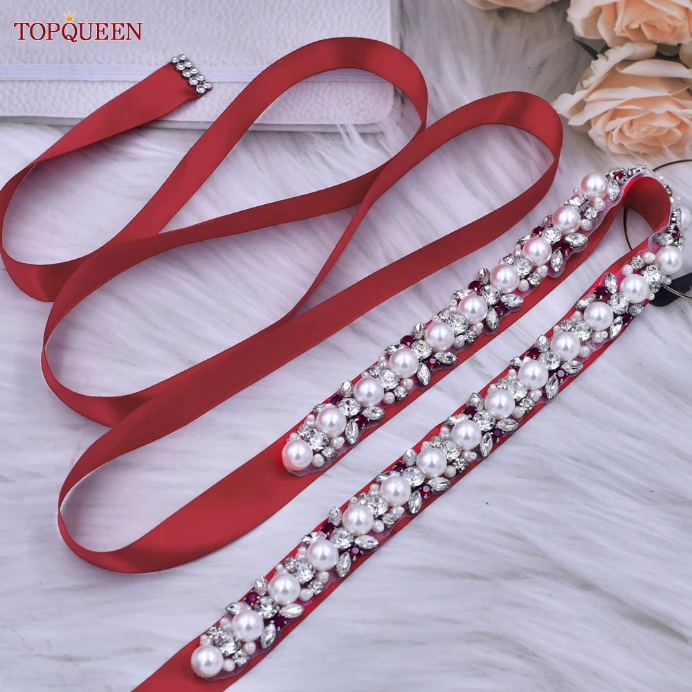 

TOPQUEEN Women's Wedding Dress Red Rhinestone Pearl Wedding Belt Dress Bridal Dress Waist Ribbon Dresses For Bridesmaids S92