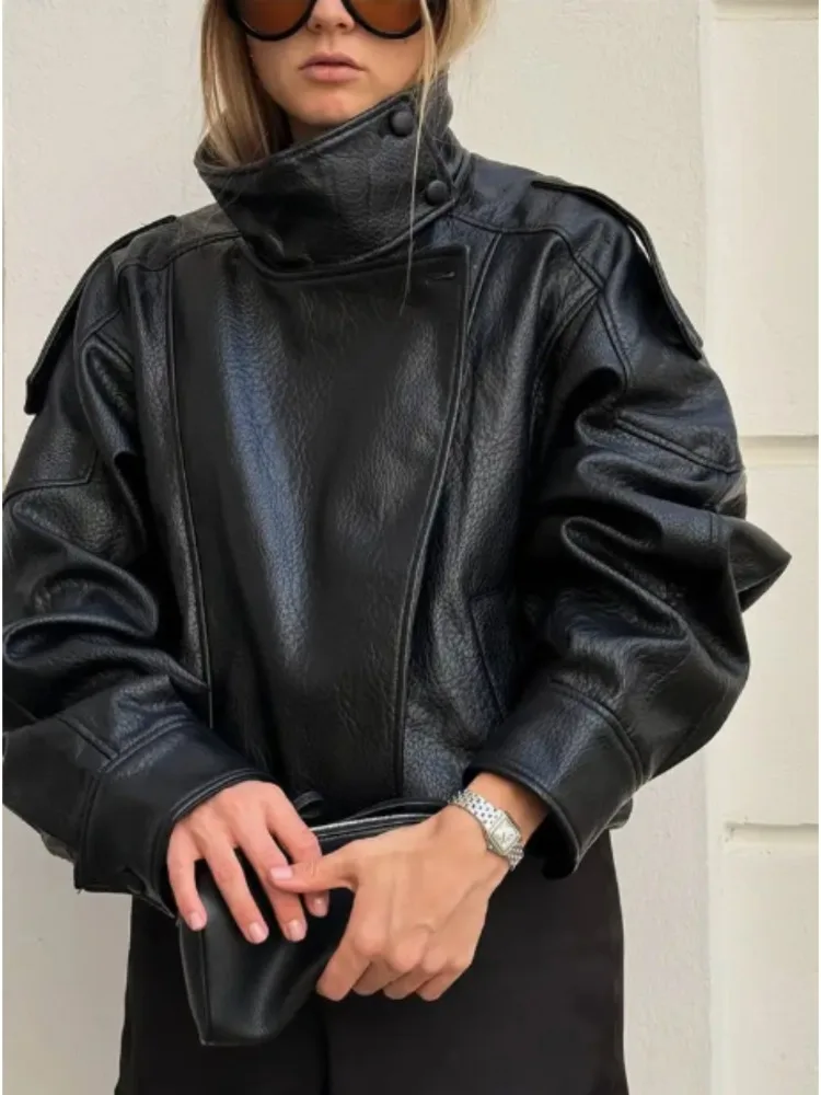 

Новая модная женская куртка из искусственной кожи в стиле Y2K, мотоциклетная, осенняя, с коротким мехом, имитация кожи, с эффектом зернистости