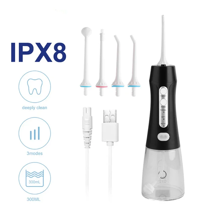 Irrigador oral portátil recarregável sem fio do flosser da água para o curso e a casa, 300ml, 3 pontas do jato, líquido de limpeza impermeável dos dentes