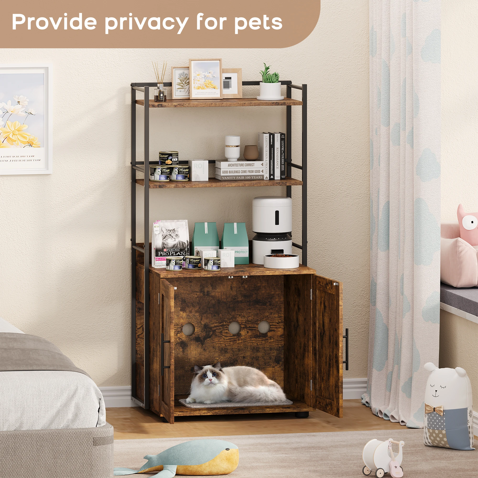 

Cat Litter Box Enclosure with Shelf Storage,2-in-1 Hidden Cat Litter Box,Hidden Cat Box Enclosure with 3 Shelves and Door,Indoor