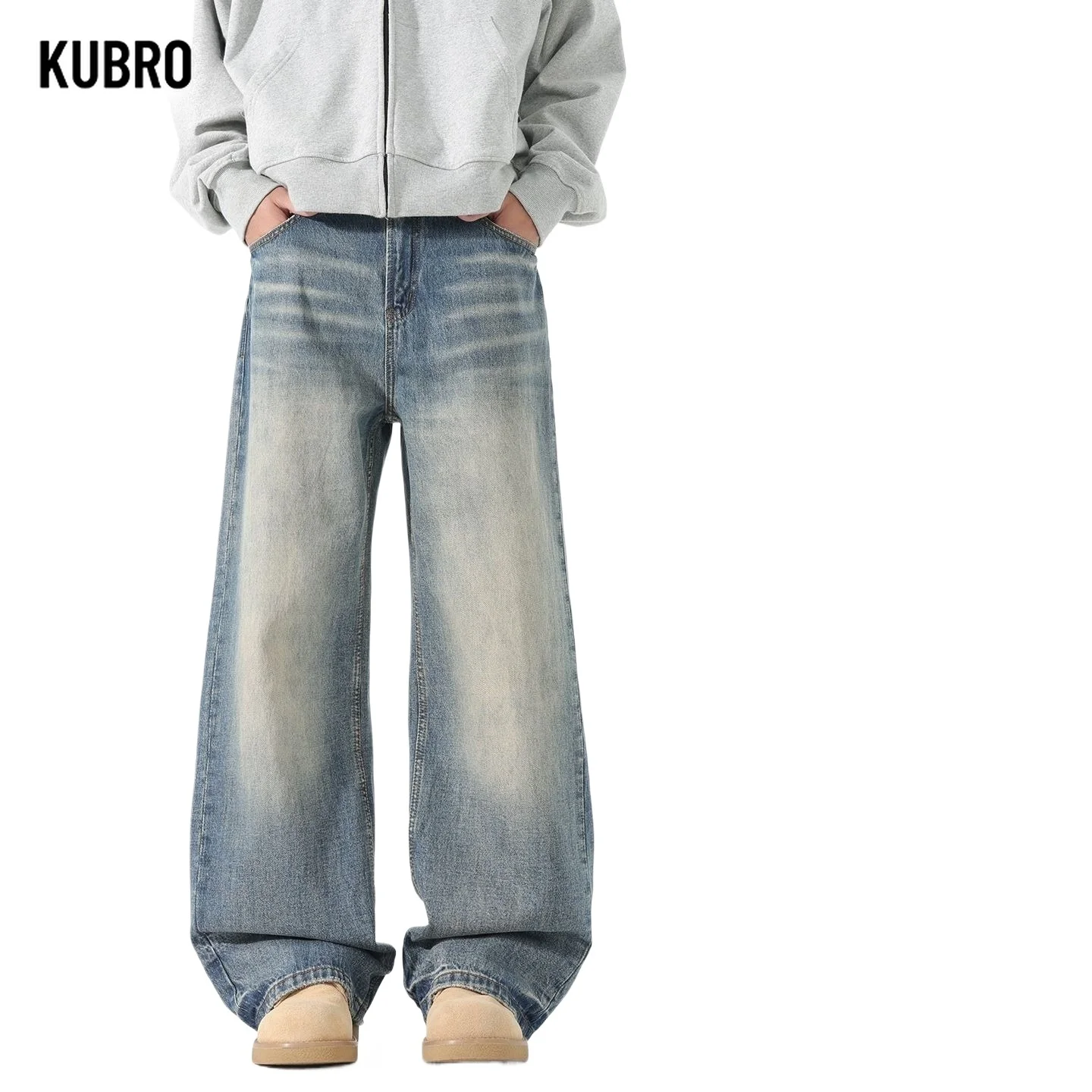 

Мужские потертые джинсы в стиле ретро в американском стиле, свободные прямые широкие драпированные брюки, новые осенние брюки длиной до пола, мужские джинсовые брюки