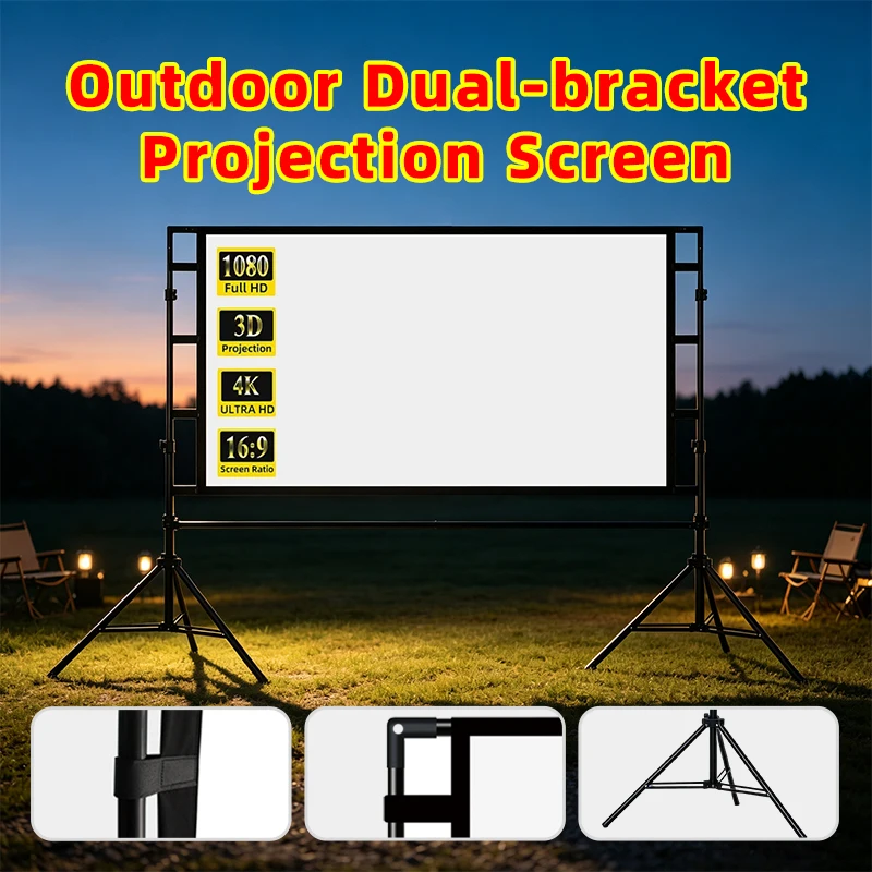16:9 Dual Bracket Projector Screen with Stand Portable 4K Projection Screen Outdoor Home Theater Movie Screen with Carry Bag