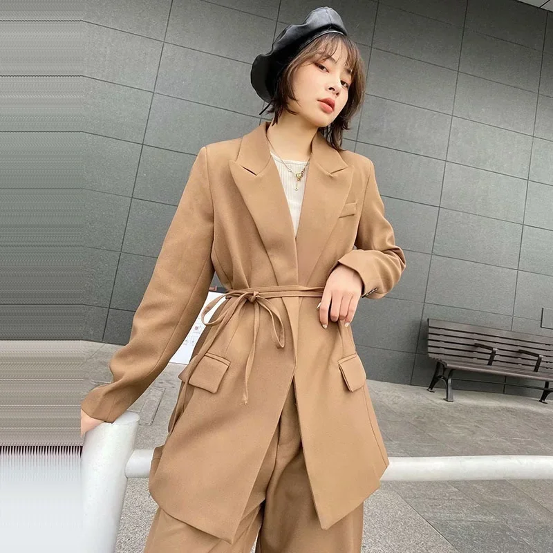 

2025 Spring New Women Solid Color Suit Jacket Waist Lace-up Casual Notched Collar Long Sleeve Female Blazers Coat Chaqueta Mujer