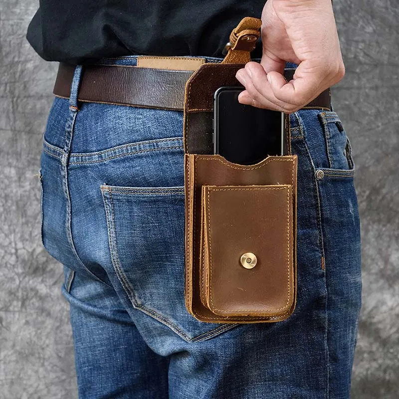 

Real Leather men Casual Small Waist Bag Cowhide Fashion Hook Bag Waist Belt Pack Cigarette Case 5.5" Phone Pouch