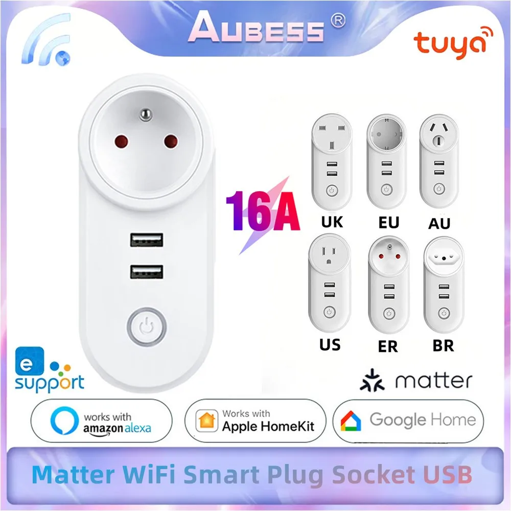 Matter WiFi Smart Plug Socket USB EU US AU UK Brazil 16A Power Smart Plug Voice Control Works Apple Homekit Alexa Google Home