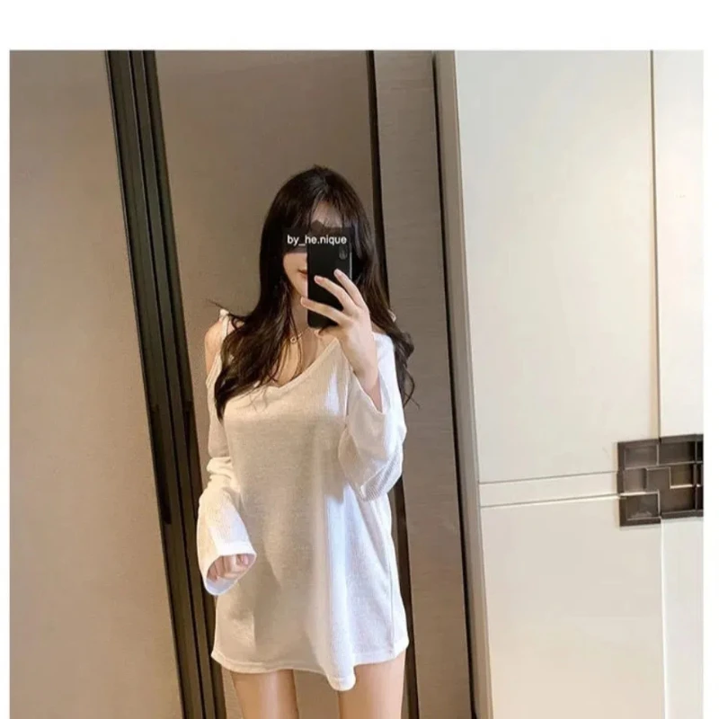 Spring New Korean Sexy Off Shoulder Loose T Shirts Long Sleeve Solid Color Lacing Thin Tops Tees Fashion Casual Women Clothing