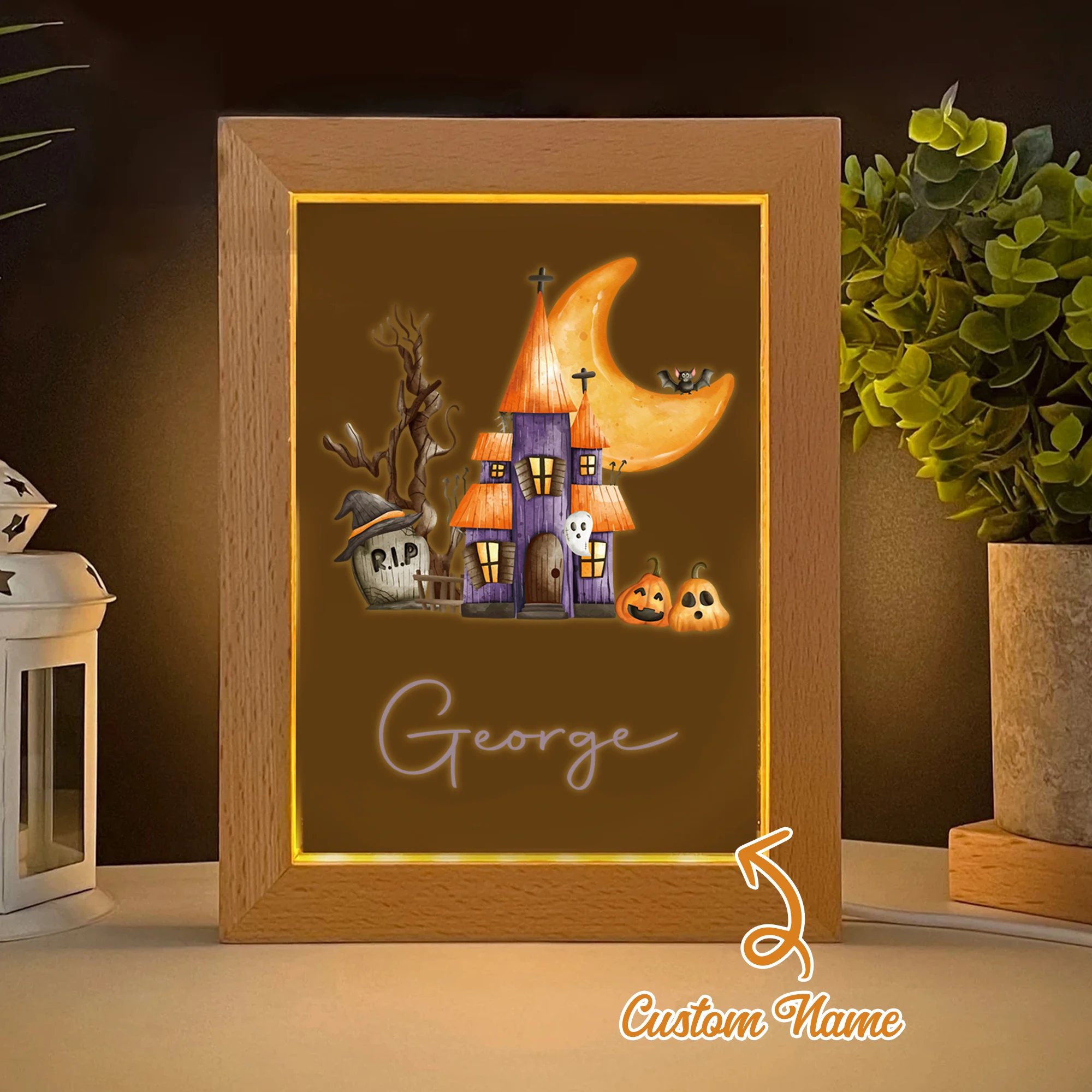 

2D Flat Custom Name Castle Jack-o-lantern LED Acrylic Night Light Wood Photo Frame 21x17cm Halloween Bedroom Gifts Home Decor