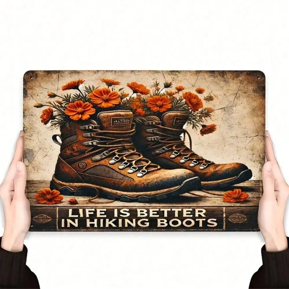 Vintage Metal Wall Art Sign 8x12 Inch - Rustic Iron Hiking Boots Decorative Plaque For Living Room Gift