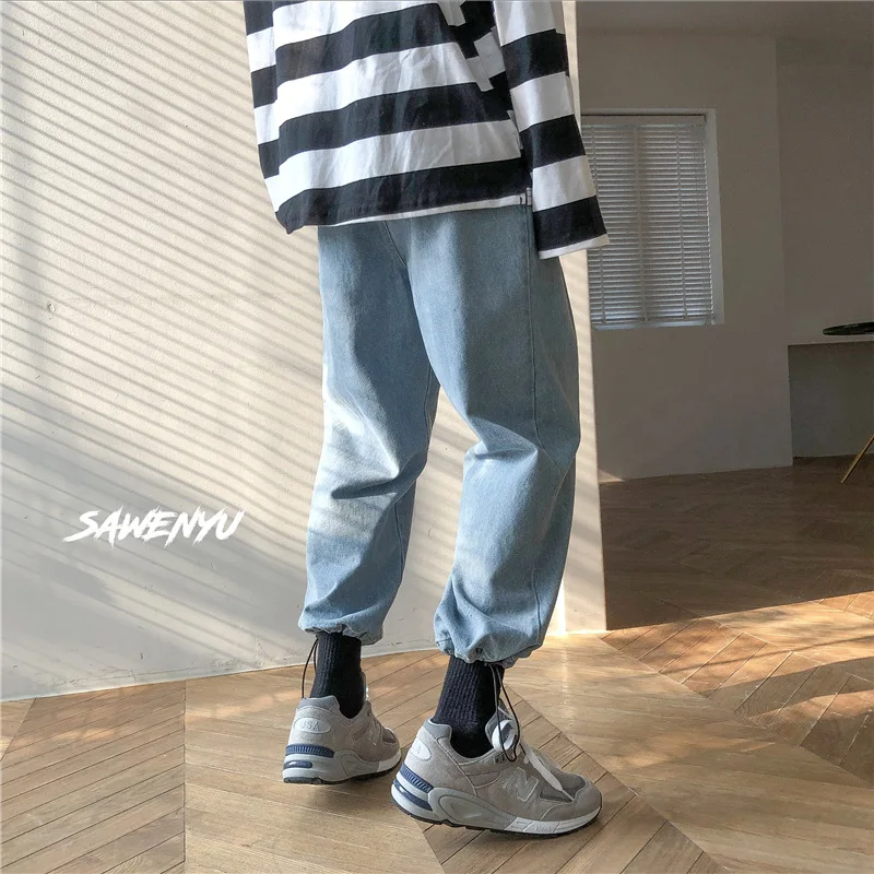 ICCLEK Drawstring Pants Men's Loose Wide Leg Jeans Straight Pants Light Color Casual Harem Pants Oversized Jeans