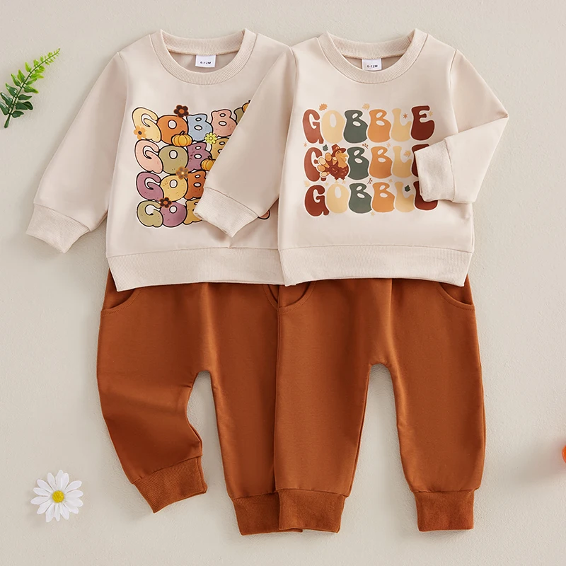 Suefunskry Toddler Boys 2Pcs Thanksgiving Outfits Long Sleeve O-Neck Letter Turkey Print Pullover Tops Drawstring Pants Sets