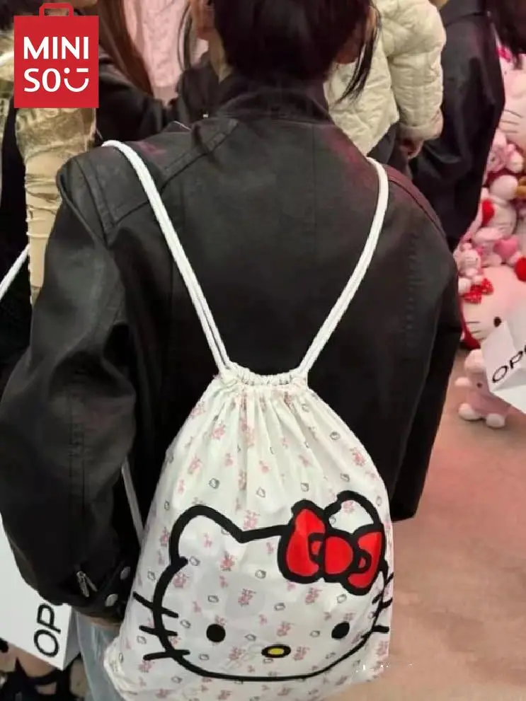 MINISO hellokitty Cartoon style backpack drawstring bag canvas pocket travel bag school storage bag