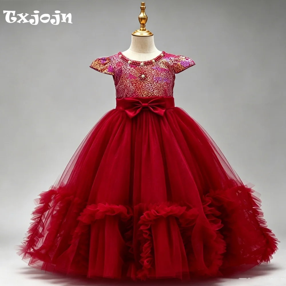 Girl's Dress 3-14 Year Old Girl's Bow Short Sleeve Princess Dress Long Mesh Dress Wedding Dress Flower Girl Performance Dress