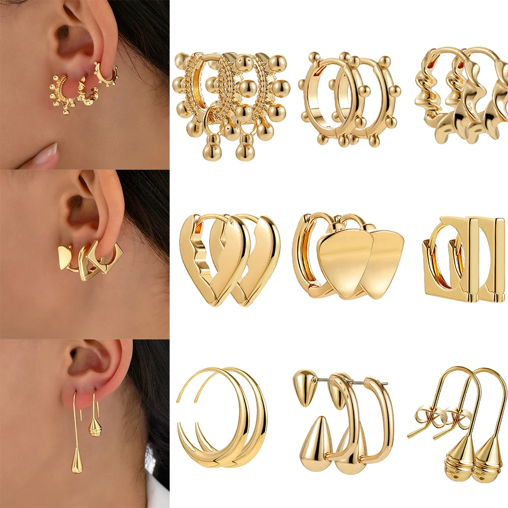 New Fashion Small Heart Square Hoop Earring Set for Women Gold Plated Metal Piercing Huggie Earrings Party Jewelry