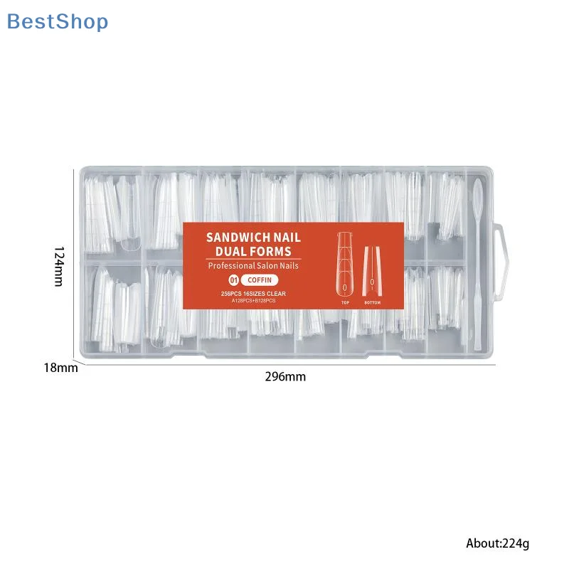 256개 샌드위치 듀얼 네일 모드 네일 연장용 아몬드 코핀 16 사이즈 재사용 가능 탑/바텀 폼 네일 아트 연장 도구