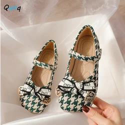 Qunq Girl Princess 2024 Spring and Autumn New Checkered Children's Bow Soft Bottom Sweet Bean Shoes 3T-8T