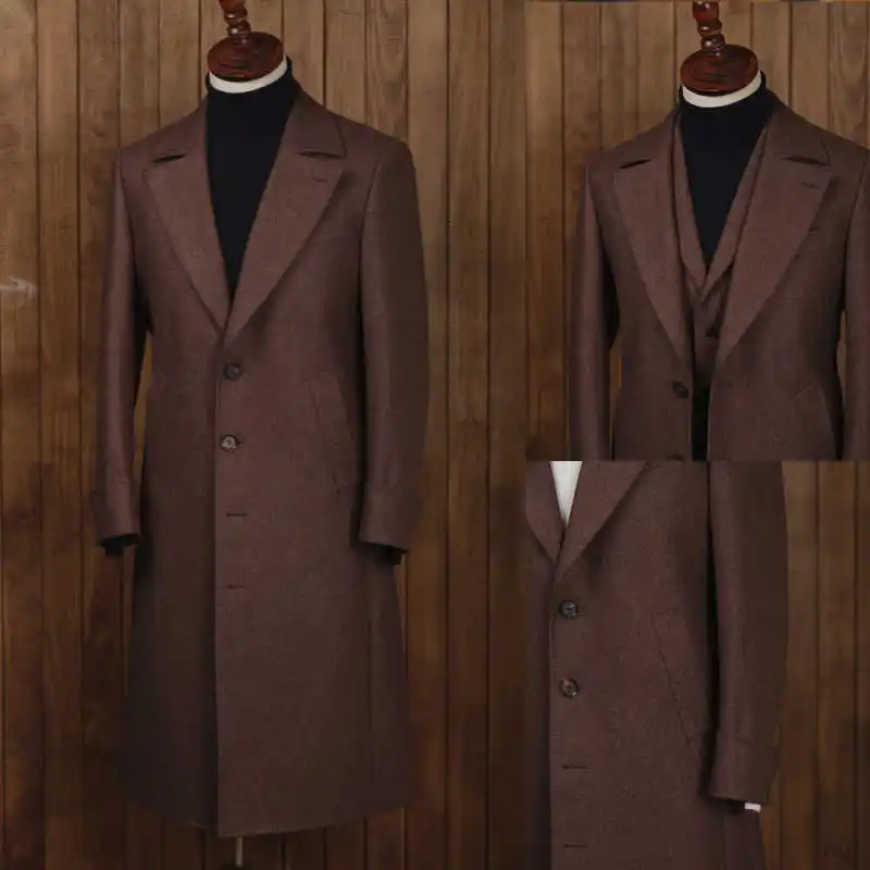 

Casual Men's Wool Blend Coat Single Breasted Long Overcoat Autumn Winter Thick Customized Outwear One Piece