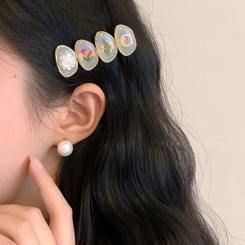 Dried Flower Drip Glazed Girl Fringe Hairpin Female New Forehead Broken Hair Duckbill Clip Side Word Hairpin Hair Ornaments