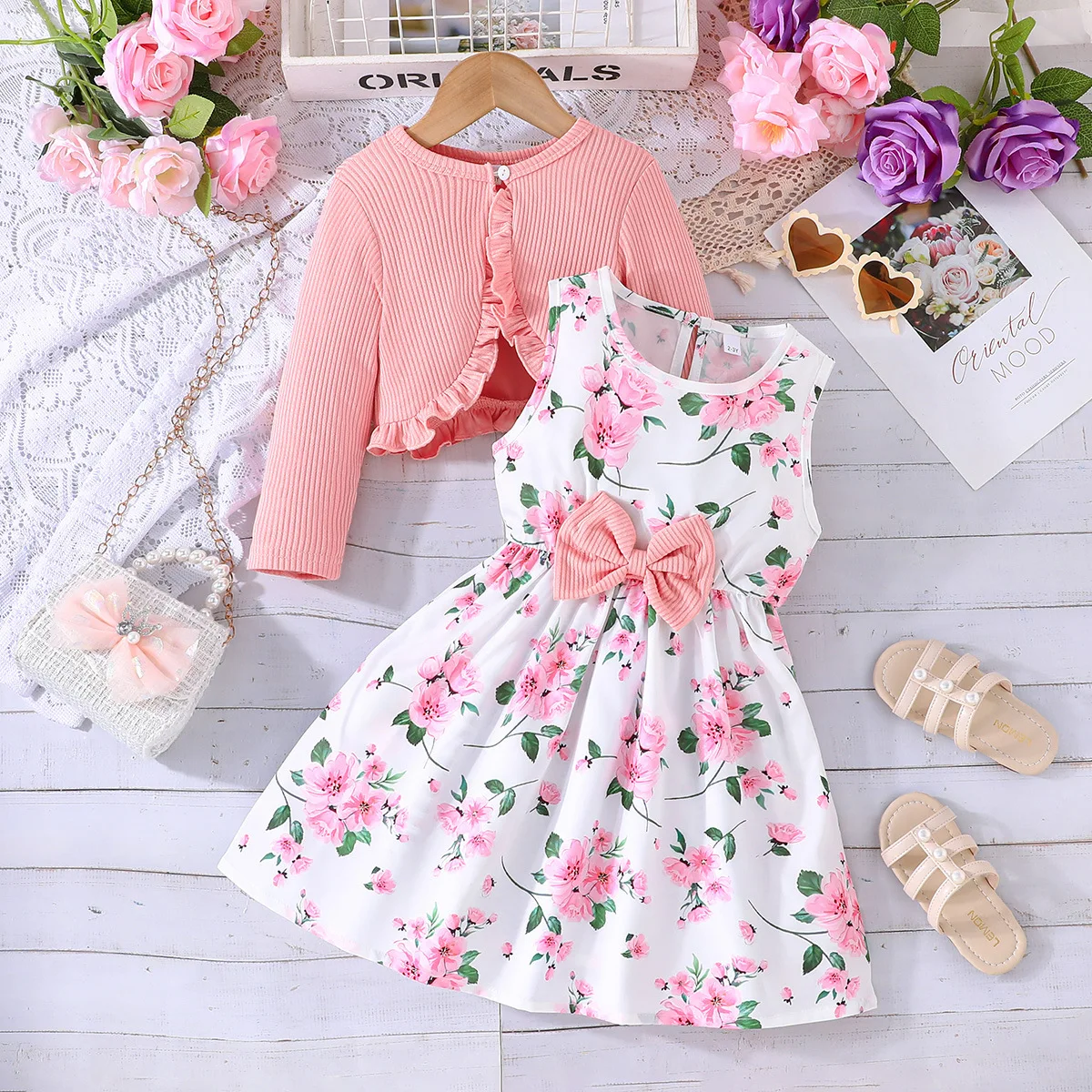 Spring Summer Toddler Girl Clothes Fashion Cute Long Sleeve Cotton Coat+Flower Baby Dresses Kids Clothing Children\'s Sets BC1437