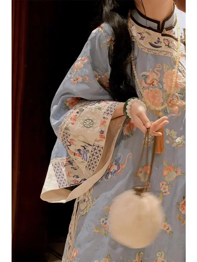 Hanfu ชุดเดรสลายดอกไม้สีฟ้าสไตล์จีนระดับไฮเอนด์