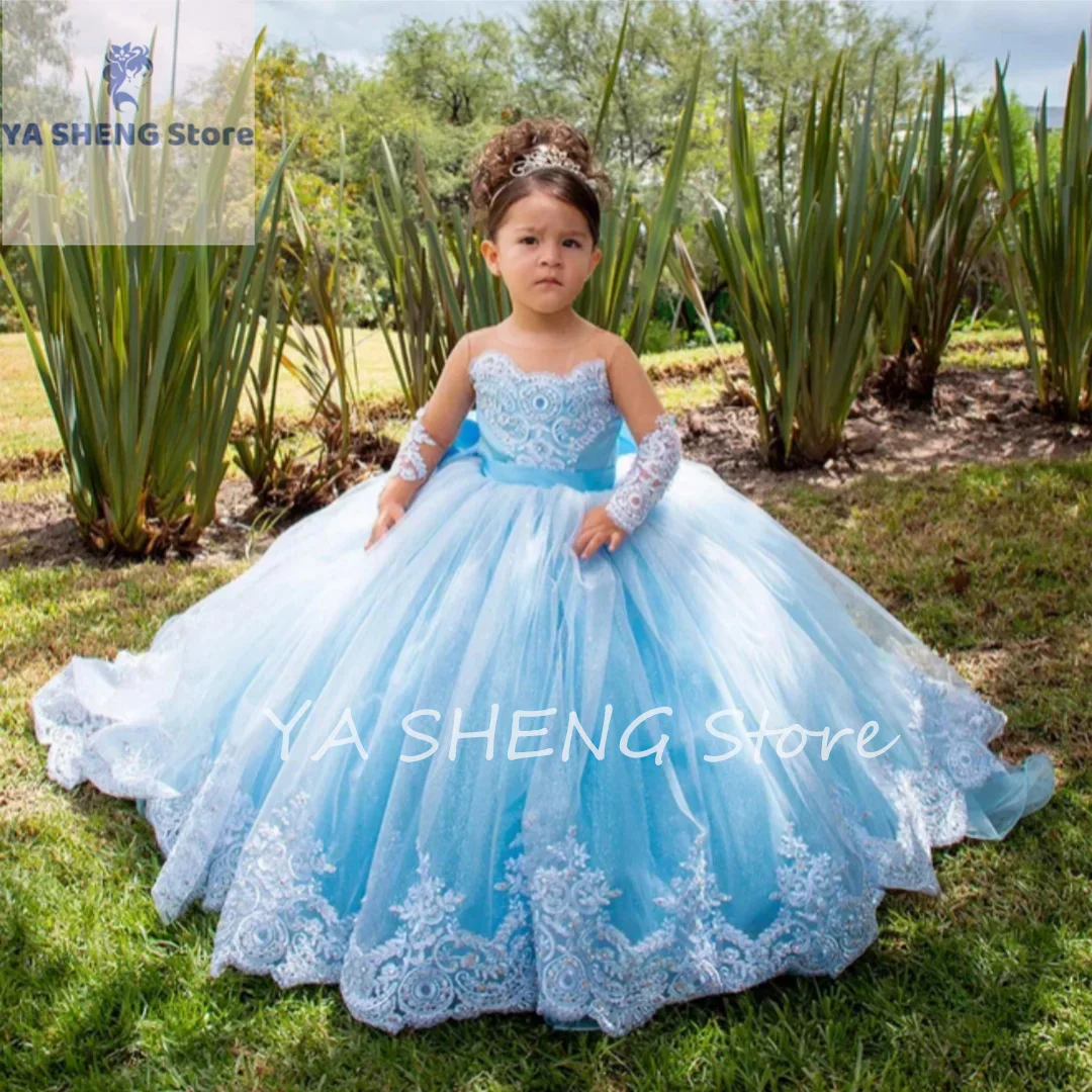 Glitter Puffy Lace Flower Girl Princess Dress With Bow Crystal Scoop Evening Prom Dress Nude Ruffles Sleeveless Girl Wear