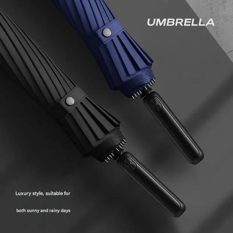 

16 Ribs Automatic Long Handle Umbrella Black Coating Large UV Protection Rain Sun Umbrella for Men Business Advertising Gift