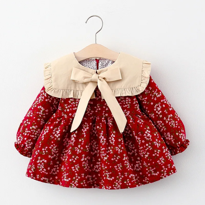 Girls' Autumn New Dress Children's Solid Large Polo Neck Long Sleeve Princess Dress Girls' Bow Spring and Autumn Dress