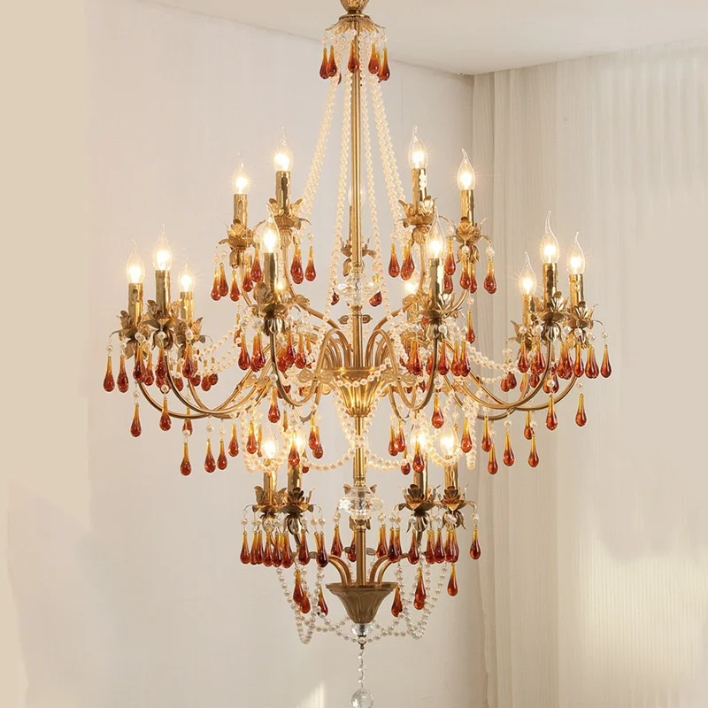 Living Room French Candle Chandelier Luxury Copper E14 Led Pendant Light Lustre Red Crystal Hanging Lamp Led Luminarias Lighting