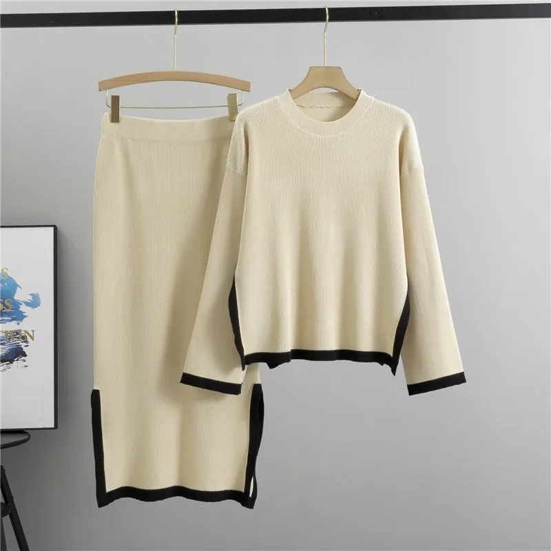 Elegant Knitted Skirt Sets Women Autumn New Design Contrast Color Crewneck Sweater Tops Split Skirts Female Two-piece Sets