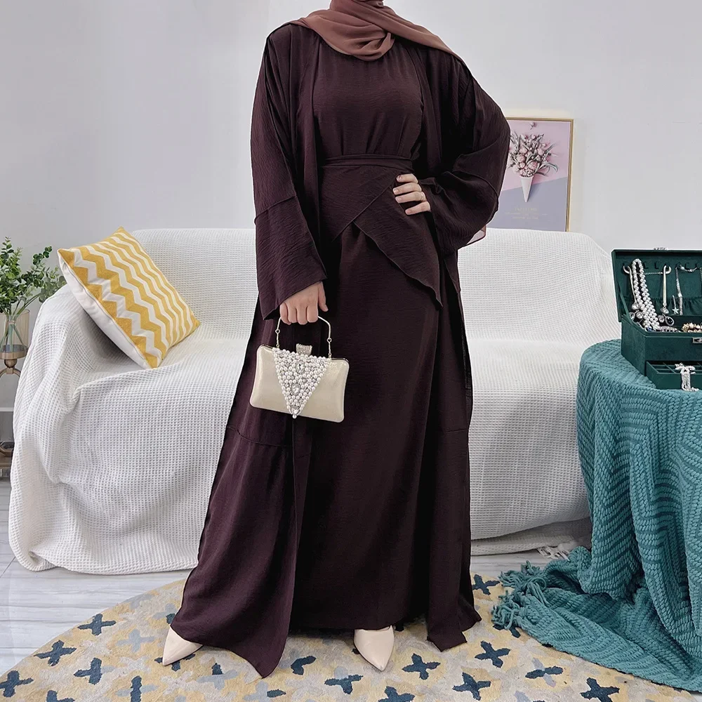 Muslim Woman Set 3 Piece Open Abaya Hijab Dress Wrap Skirt Dubai Turkish Prayer Modest Islamic Clothing Sets Ensembles Musulmans