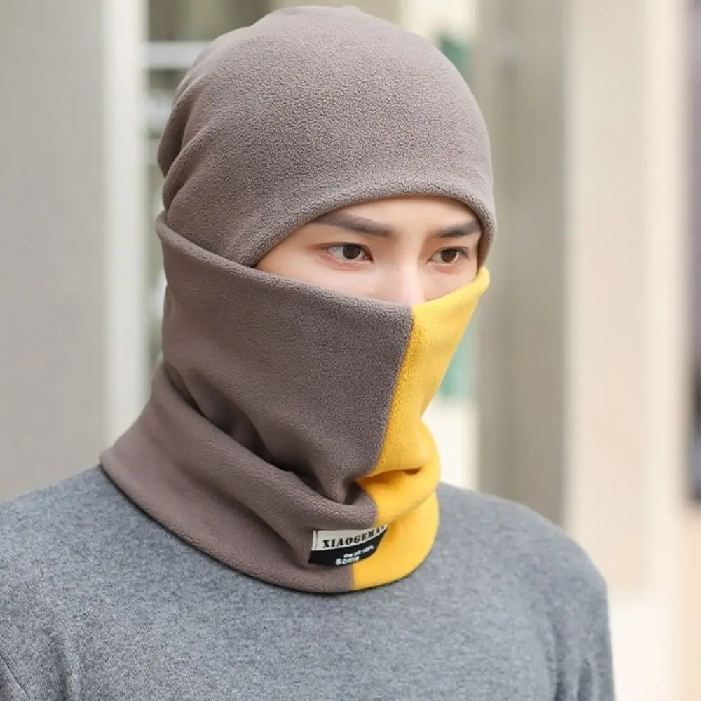 

Comfortable Thicken Men's Neck Warmer Hat Velvet Snood Scarf Cap Set Color Blocking Neckerchief Pullover Cap Men Riding